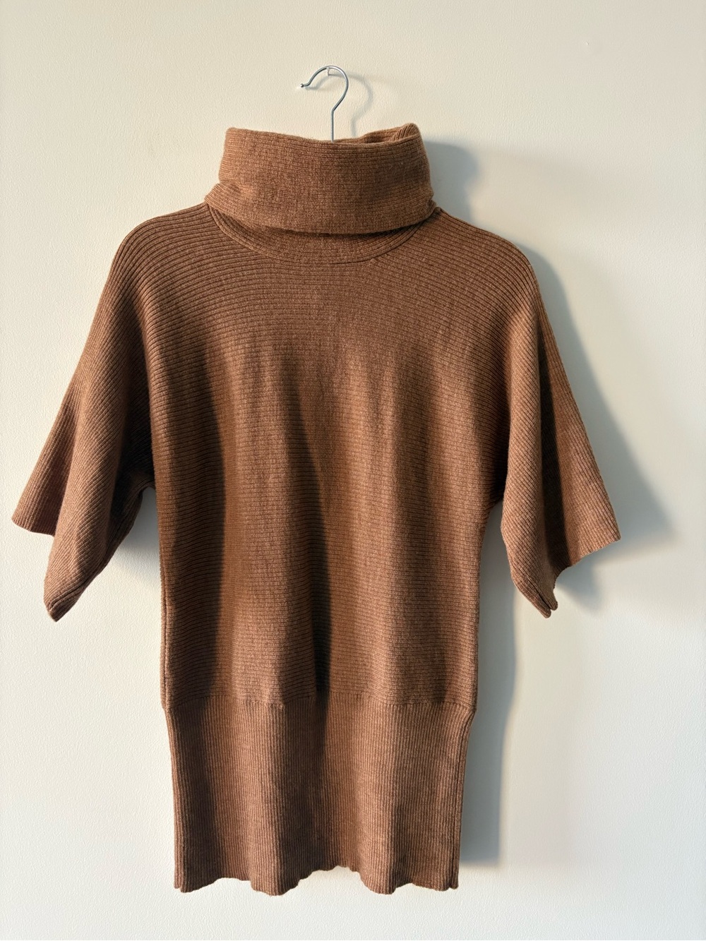 Cynthia Rowley Ribbed Brown 100% Merino Wool Turtleneck Sweater Half Sleeve S